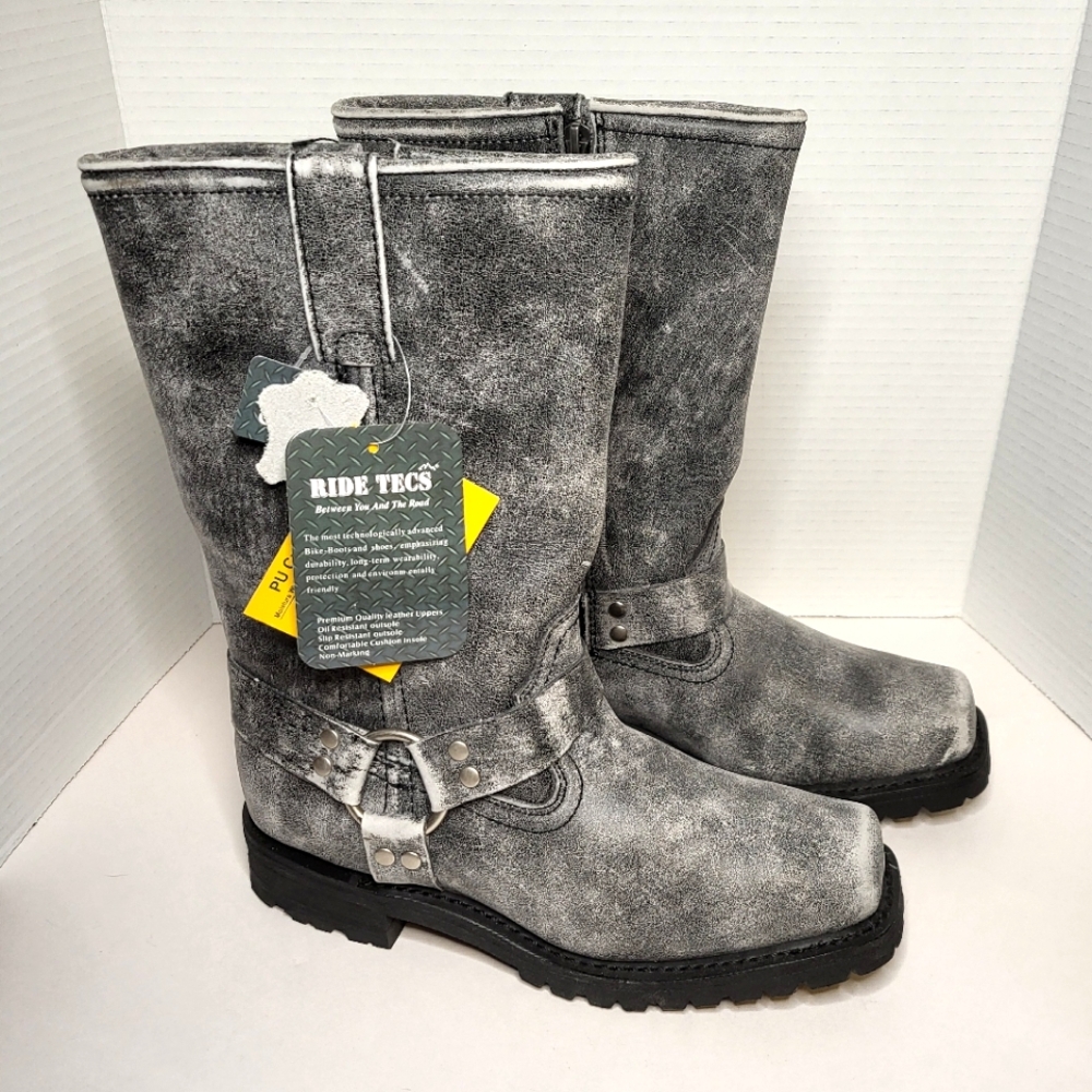 Ride Tecs Gray Distressed Leather Boots Mens 8.5 Wide NWT